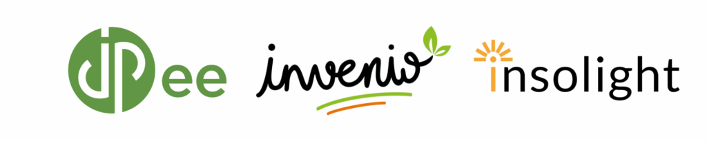 Logos de JP Energie Environnement, Insolight et Invenio, partenaires du démonstrateur agrivoltaïque
